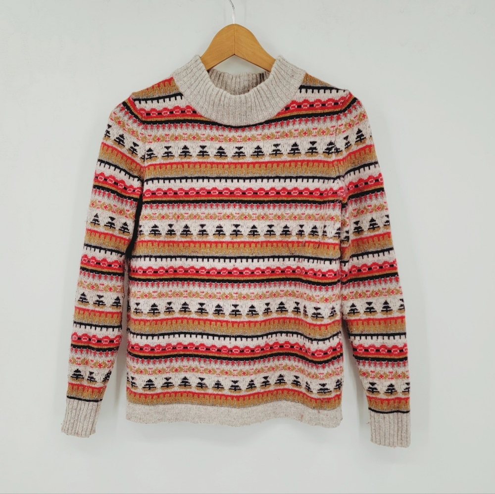 J. Crew Size XS Fair Isle Winter Holiday Neutral Beige Red Lambswool Sweater